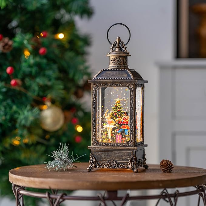 Christmas Nutcracker Snow Globe Lantern - Vintage LED Swirling Glitter Water Lamp with Clara & Soldier, Plays The Nutcracker Suite Music, 6-Hour Auto Timer - Holiday Tabletop Decor & Gift
