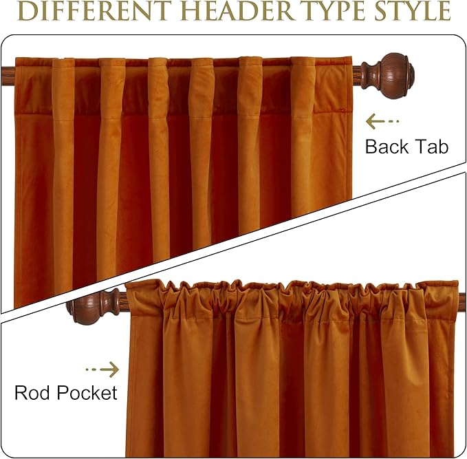 StangH Velvet Curtains 120 inches for High Ceiling Window, Orange Thermal Insulated Light Blocking Home Decor for Living Room, Back Tab, W52 x L120, 2 Panels