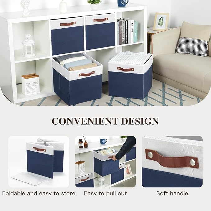 Temary Cube Storage Bins 4Pack Foldable Cube Baskets for Clothes Shelf Storage Basket with Handles, Storage Box Fabric Storage Organizer Bins for Home (White&Blue, 13x15x13 Inch)