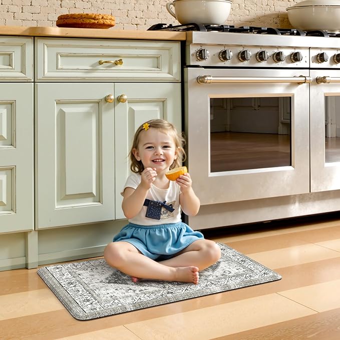 KIMODE Anti Fatigue Kitchen Mats for Floor,17.3" x 29" Cushioned Boho Vintage Grey Kitchen Rugs,Non-Slip Waterproof Kitchen Sink Standing Mat Wipe Clean for Kitchen,Laundry Floor