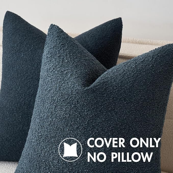 MIULEE 22x22 Inch Decorative Euro Sham Throw Pillows for Bed Set of 2 Textured Boucle Neutral Throw Pillow Covers Dark Blue Accent Solid Euro Couch Pillowcase Cozy Soft Sofa Livingroom Home Decor