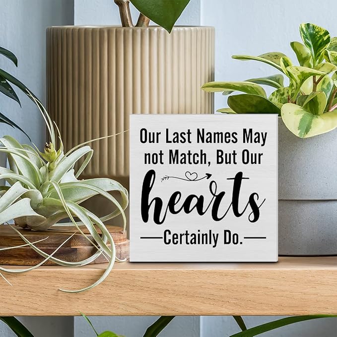 Blended Family Decorative Wooden Box Sign Our Last Names May not Match But Our Hearts Certainly Do Wood Block Plaque Decor Rustic Shelf or Wall Display for Home Living Room Bedroom