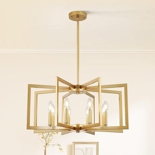 8-Light Modern Farmhouse Gold Geometric Chandelier, Large Industrial Metal Kitchen Light Fixtures, Rustic Cage Hanging Lights for Dining Room Entryway Foyer Living Room Stairway