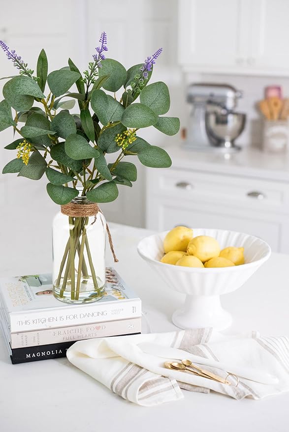 Briful Artificial Eucalyptus Stems in Glass Vase with Faux Water, 14" Fake Plant Eucalyptus with Lavender for Home Office Farmhouse Wedding Centerpiece Bathroom Décor