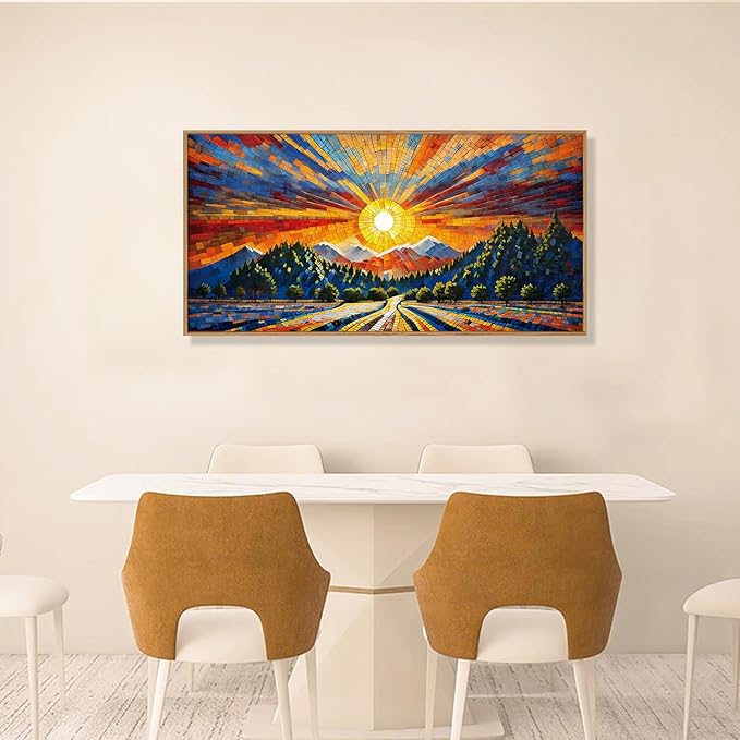 HOURIA Large Natural Mountain Forest Framed Canvas Wall Art Set,Wilderness Sunrise Wall Decor,Boho Pine Tree Square Ridge Artwork,Modern Field Art Print for Living Room, Office, Farmhouse- 20"x40"x1