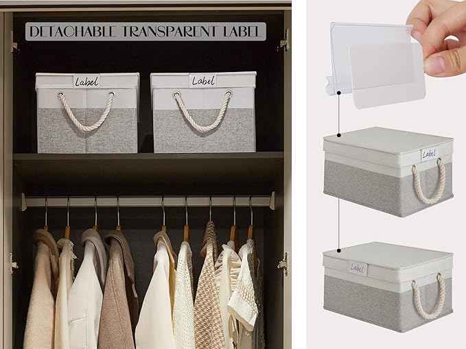 LoforHoney Home Fabric Storage Bins with Lids for Organizing, Foldable Closet Storage Boxes for Shelves, Clothes Baskets with Cotton Rope Handles, XLarge, Beige & Gray, 2-Pack