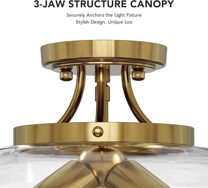 VONLUCE Semi Flush Mount Ceiling Light, 13.8" Ceiling Light Fixture with Clear Glass Shade, E26 Base, 3-Bulb Industrial Ceiling Light for Hallway Entryway Kitchen Bedroom, Brushed Gold