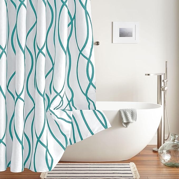 Biscaynebay Textured Fabric Shower Curtain 72x72 Inch, Turquoise Striped Printed Linen Modern Hotel Luxury Quality Cloth Bathroom Curtains Machine Washable