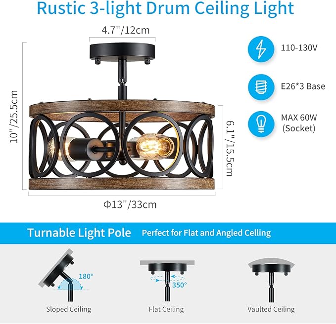 XINGQI Semi Flush Mount Ceiling Light Fixture Modern 3-Light Farmhouse Ceiling Lights for Bedroom Living Room Dining Room Entry Hallway Foyer 13" Black and Wood Grain Finish
