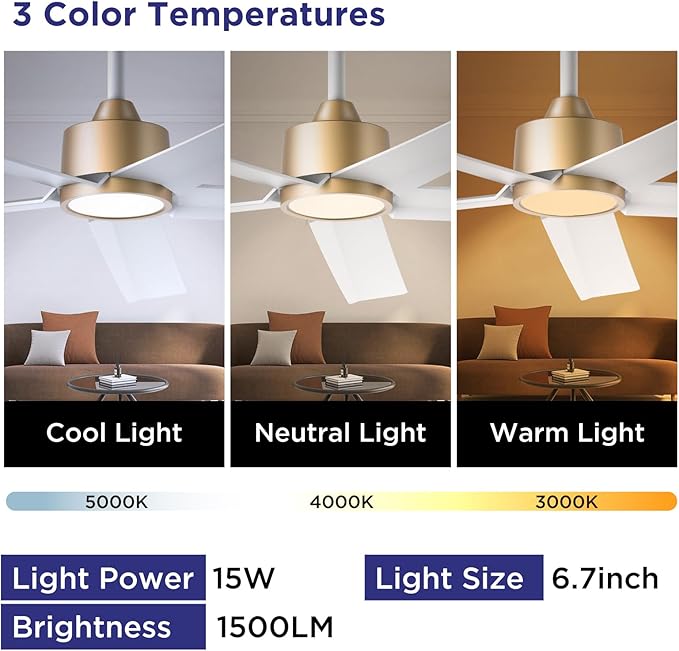 ocioc 52 inch Ceiling Fans with Lights and Remote Control Ultra Quiet DC Motor 3 Color Temperatures Modern Ceiling Fan for Bedroom Kitchen Indoor Covered Outdoor Gold