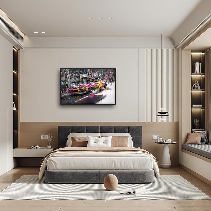 Flintis Large Japanese Graffiti Car Framed Wall Art Racing Car Pictures Wall Decor Abstract Street Racing Canvas Painting Print Artworks Framed for Living Room Bathroom Master Bedroom 36L X 24W