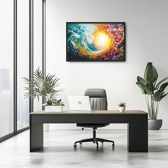 Ocean Framed Wall Art for Living Room, Large Waves with Flowers Canvas Wall Decor, Vintage Beach Pictures Painting, Modern Landscape Artwork for Bathroom Bedroom 36L'' × 24W''