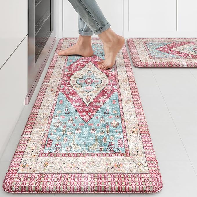 KIMDOE Kitchen Rugs and Mats 2PCS Cushioned Anti Fatigue Kitchen Mat Non-Skid Waterproof Kitchen Runner Rug for Kitchen Decor,Floors,Office,Laundry,Rose Red