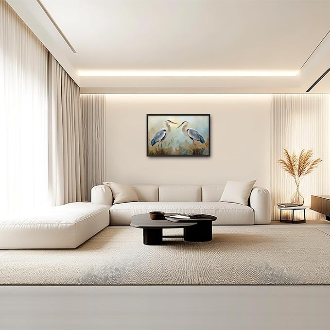 Blue Heron Framed Wall Art for Living Room, Large Birds Canvas Wall Decor, Animal Pictures Painting, Modern Artwork for Bathroom Bedroom 36L'' × 24W''