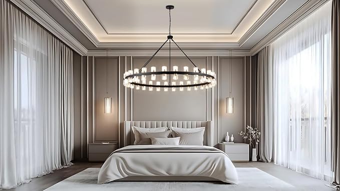 60 Inch Black Wagon Wheel Chandelier with Crystal Shade, 60 Lights, Modern Farmhouse Style, Ideal for Dining Room, Kitchen, Entryways