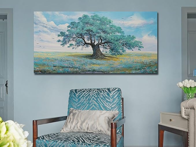 Ardemy Landscape Wall Art Canvas for Living Room Green Teal Tree Scenery Painting Bedroom Nature Picture Artwork Framed Bathroom Dining Room Kitchen Home Office Wall Decor, Large 40"x20"