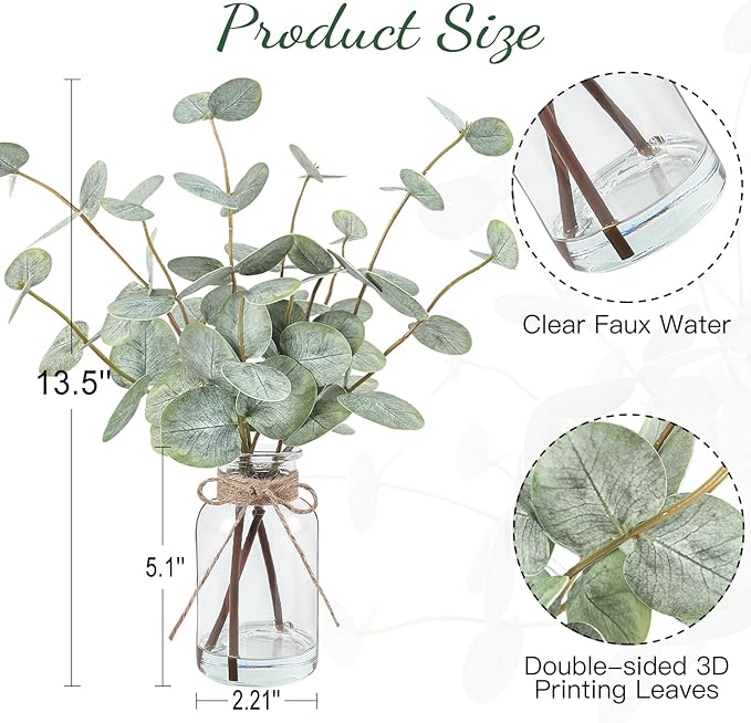Artificial Eucalyptus Stems in Glass Vase with Faux Water, 13.5” Fake Plants for Home Decor, Coffee Table Centerpieces, Office, Bathroom & Farmhouse Weddings - Faux Greenery Plants Decorations