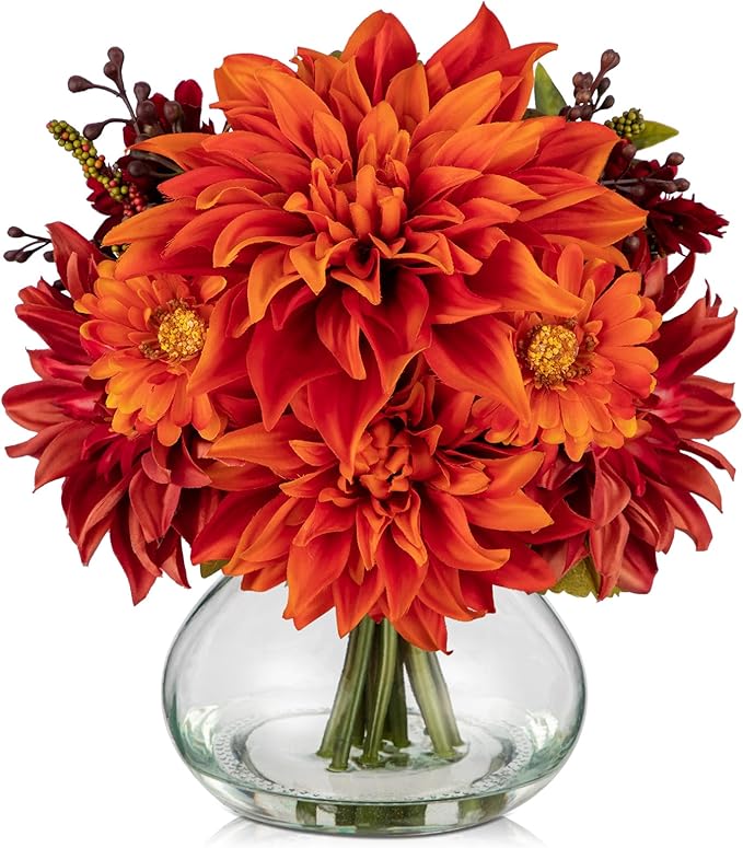 Briful Faux Fall Flowers in Vase, Artificial Dahlia & Mum Silk Floral Arrangement with Clear Glass Vase Fake Autumn Flowers Bouquet for Home Office Dining Room Table Centerpiece Decoration