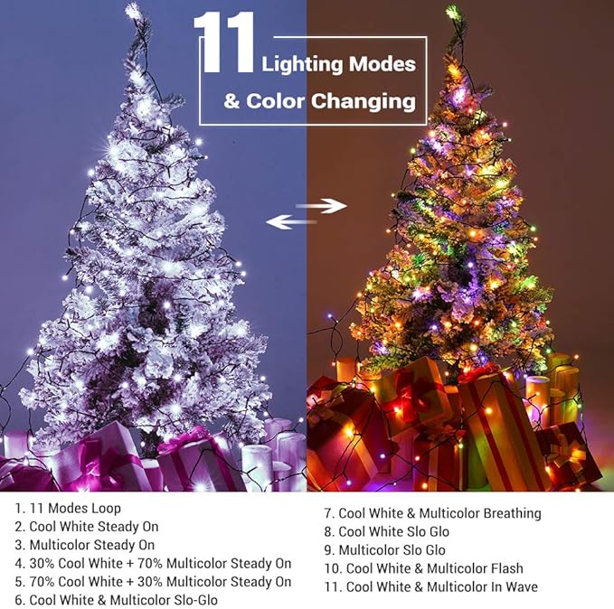 Brizled Color Changing Tree Lights, 115ft 300 LED Christmas String Lights with Remote, 11 Modes Cool White & Multicolor Christmas Lights Connectable Xmas Lights Green Wire for Xmas Home