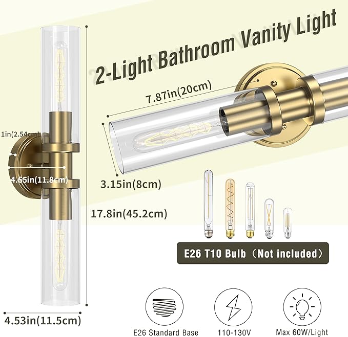 Espird Bathroom Light Fixtures 2-Light Gold, Bathroom Vanity Lights Over Mirror, Wall Sconces, Industrial Lighting, Modern Brushed Gold Vanity Lighting Fixtures w/Glass Shades