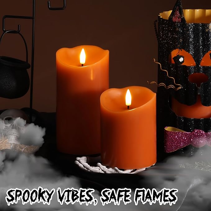 Eywamage Orange Flameless Pillar Candles with Remote, Halloween Fall LED Candles Battery Operated Real Wax, Set of 3