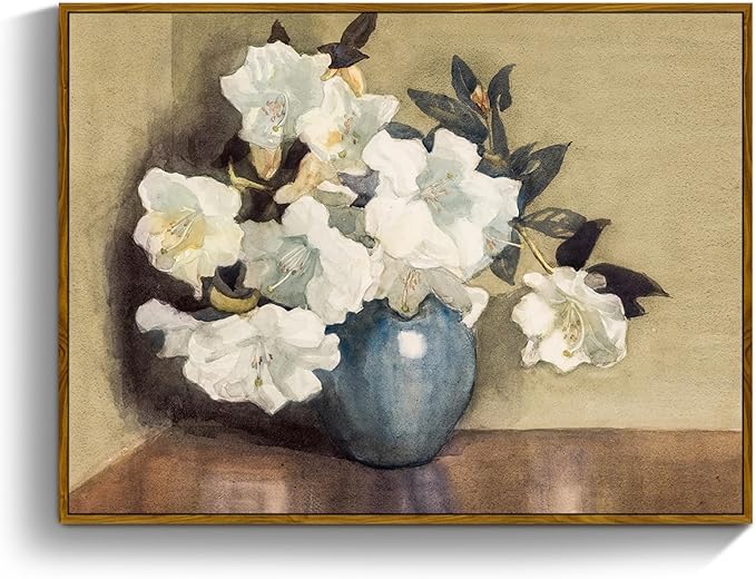 crmotu Framed Canvas Wall Art, Still Life Floral Vintage Art Prints, Classical White Flowers Botanical Decor Artwork, Retro Azalea Pictures Wall Decor Living Room Bedroom Kitchen Office 16x24in