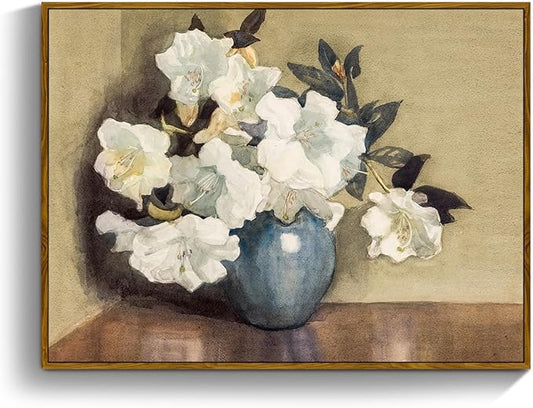 crmotu Floral Framed Wall Art, Still Life Azalea Botanical Prints, Vintage Vase White Flowers Canvas Pictures, Retro Wall Paintings for Living Room, Bedroom Kitchen Office Desktop Small Artwork 8x10in