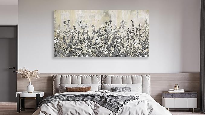 NINEASO Botanical Canvas Wall Art - Wildflower Pictures Vintage Grey Brown Floral Wall Decor Rustic Beige Print Flower Plants Painting Artwork for Living Room Bedroom Home Office Decorations 20" x 40"