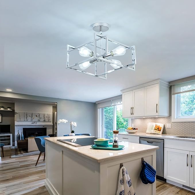 ZGLAOJT 4-Lights Ceiling Light Chrome Light Fixture Industrial Flush Mount Ceiling Light Farmhouse Chandelier Lighting for Kitchen Island Dining Room Bedroom Foyer Hallway.