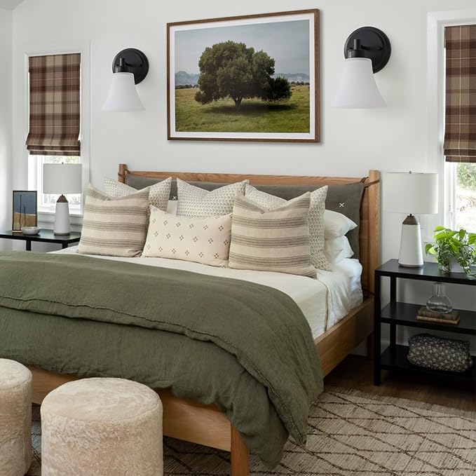 LOUSACE 2 Pack 1-Light Bathroom Vanity Lights Black Vintage Bathroom Lighting Fixtures with Opal White Glass, Set of 2 Single Vanity Wall Sconces for Side Mirror Cabinet Stairs Kitchen Living Room