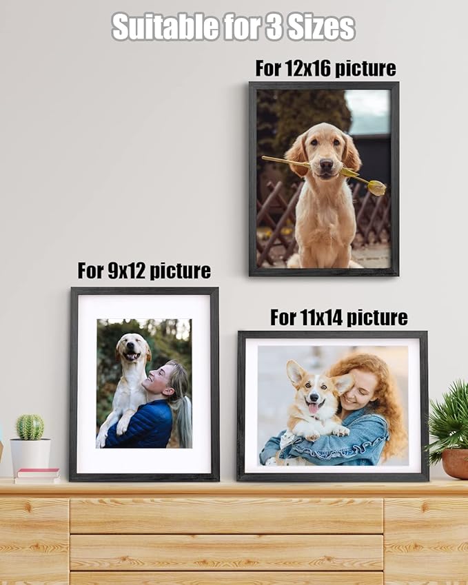 Egofine 12x16 Picture Frames Set of 4, Made of Solid Wood Covered by Plexiglass 9x12 and 11x14 with Mat or 12x16 without Mat, for Wall Mounting Photo Frame Rustic Black