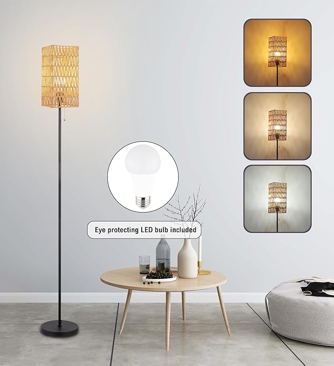 Floor Lamp for Living Room,Farmhouse Rattan Floor lamp,Modern Standing lamp with Hand-Worked Rattan Shade,Black Tall Lamp with Chain Switch (Square Shade)