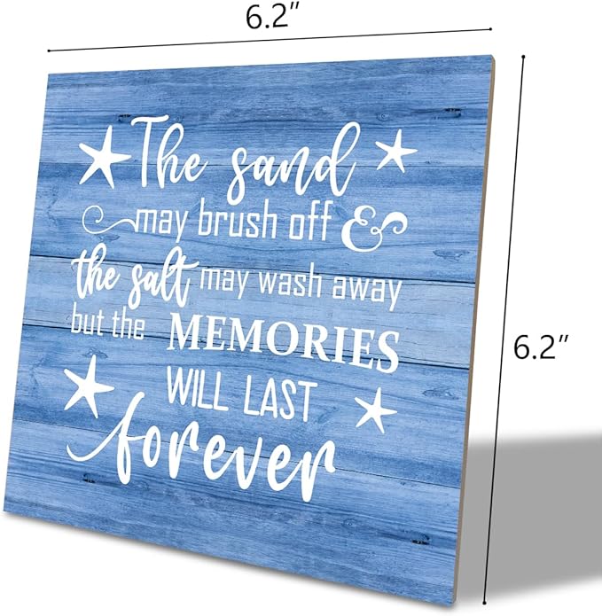 Beach Wood Sign, “The Sand May Brush Off the Salt May Wash Away but the Memories Will Last Forever”, Wooden Plaque Table Art Sign, Ocean Theme Home Decorations, Coastal House Decor, Family Sign D