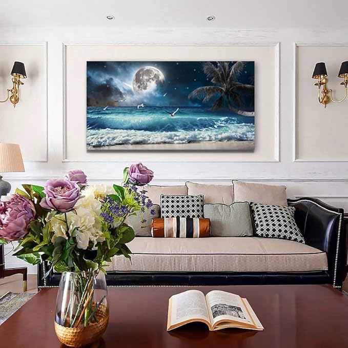 Yxbhhym Moon Ocean Decor Beach Wall Art Seascape Painting Sea Canvas Poster Prints Landscape Plam Pictures Artwork for Living Room Decor Wall Decorations large Framed Wall Art -20x40inches