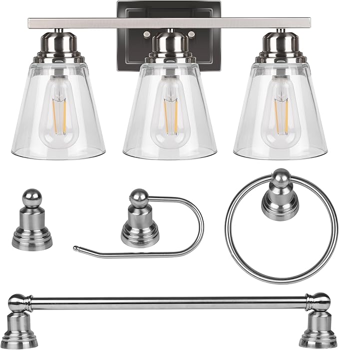 Brushed Nickel 3 Light Vanity Light Set with Hardware - 5 Piece Bathroom Accessories Set