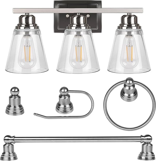 Brushed Nickel 3 Light Vanity Light Set with Hardware - 5 Piece Bathroom Accessories Set