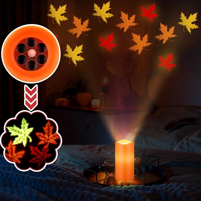 Fall Maple Leaf Flameless Candles Projector Lights Autumn LED Candle Night Light with Remote and Timer Battery Operated Electric Gifts for Fall Wedding Thanksgiving Harvest Halloween Decor