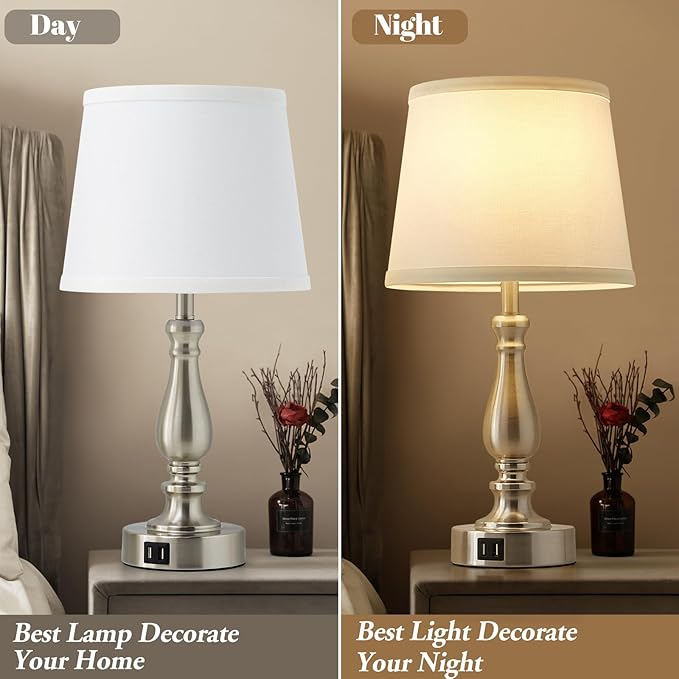 Table Lamps for Bedrooms Set of 2 - Touch Bedside Lamps with USB C+A Ports, 3 Way Dimmable White Nightstand Lamps for End Tables, Farmhouse Night Stand Lamps for Living Room Bed Side Guest Room
