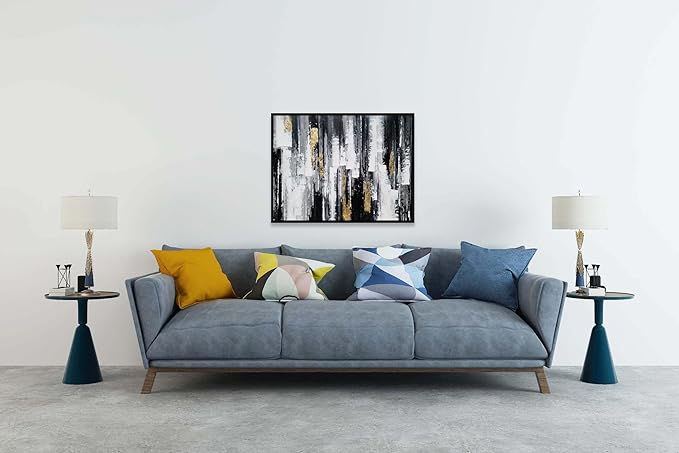 Yihui Arts Framed Black and White Hand Painted Canvas Wall Art with Gold Foil