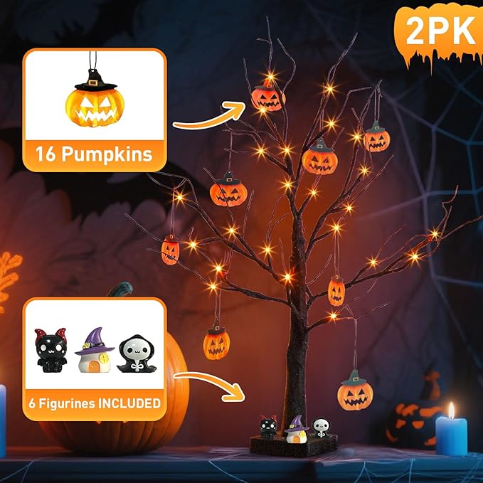 PEIDUO Set of 2 Halloween Trees, 2FT 24LED Lighted Black Glitter Tree with Timer & Pumpkin Ornaments, Battery Operated Halloween Decorations Indoor for Home Table Room Decor