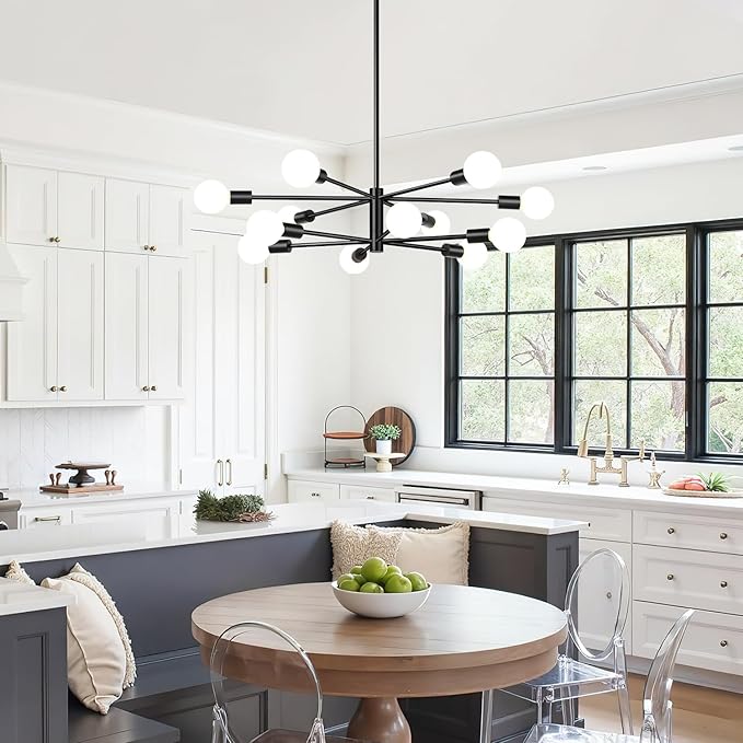 33" Modern Chandelier Ceiling Light Fixture, 12-Light Sputnik Chandeliers Matte Black Mid Century Chandelier Over Table, Height Adjustable Chandeliers for Dining Room Living Room Kitchen Island