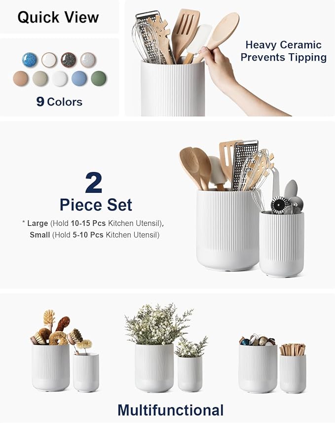 LE TAUCI Utensil Holder, 7.3"+5.4" Ceramic Kitchen Utensil Holder for Countertop, Large Cooking Utensil Crocks for Kitchen Counter Decor, Morden Utensil Organizer for Spatula, Set of 2, White