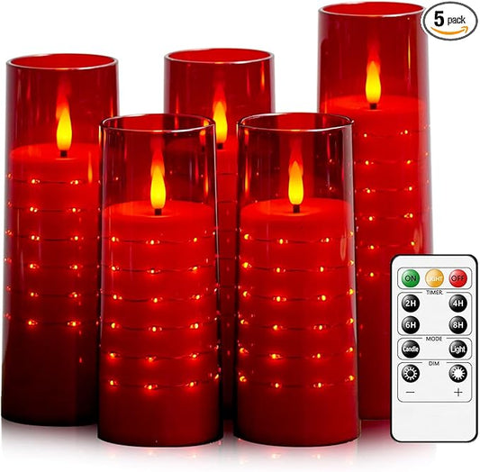 Flameless Candles with Embedded Star String - Flow Flicker Battery LED Candles, Realistic Flame, Red Set of 5 | Holiday Decoration, Wedding, Party Adding to The Family Atmosphere
