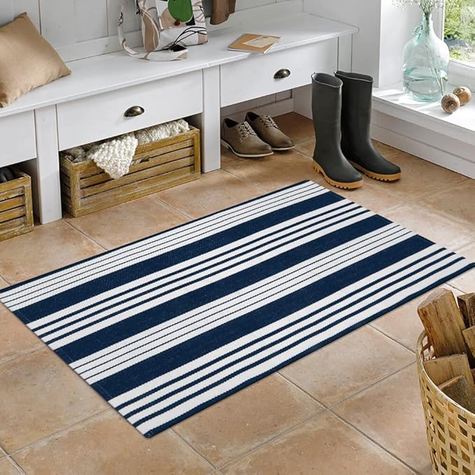 OJIA Entryway Rug 24''x51'', Machine Washable Fall Front Door Mat Cotton Woven Blue and White Outdoor Rugs Porch Rug Striped Kitchen Runner Indoor Door Mat for Farmhouse/Entry/Home Entrance