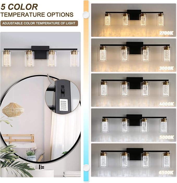 4-Light Black Bathroom Light Fixture, Dimmable 5CCT Black and Gold Bathroom Vanity Lights, 2700K-6500K Modern Crystal Bubble LED Wall Sconce Over Mirror with Clear Glass