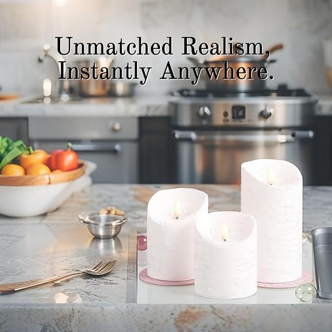 VENTA Set of 3 Ivory & White Pillar Candles | Real Wax Battery Operated Flickering LED Candles with Remote | Timeless Decor for Farmhouse, Modern & Mantel Displays