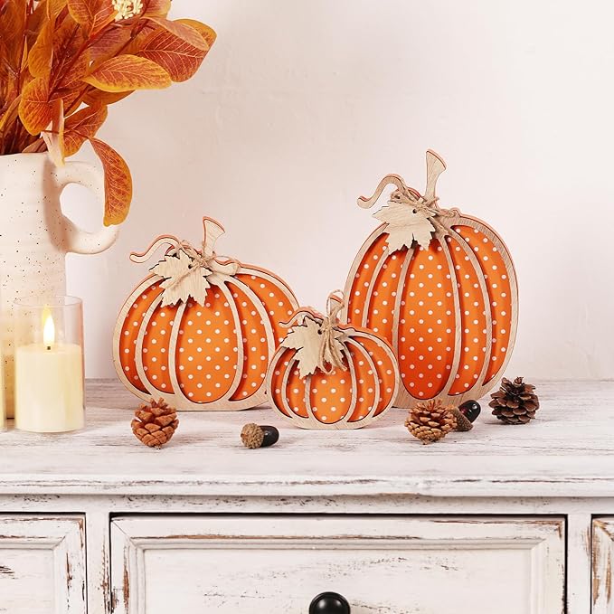 Fall Decor- 3pcs Wooden Pumpkin Decorations for Autumn Thanksgiving Home Table Shelf Mantel Fireplace Party Decor