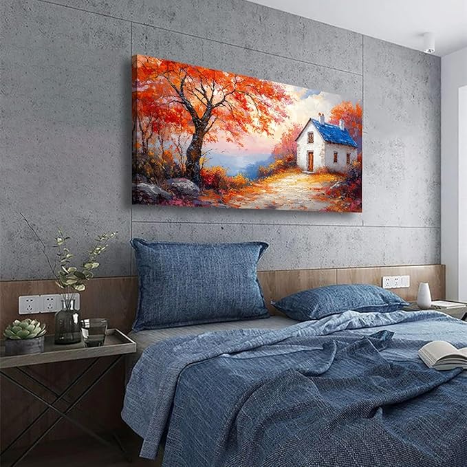 Autumn Scenery Canvas Wall Art Bedroom Wall Decor Living Room,Abstract Wall Art Office Paintings Artwork Modern Abstract Village House Red Tree Pictures Art Prints Ready to Hang-20x40inch