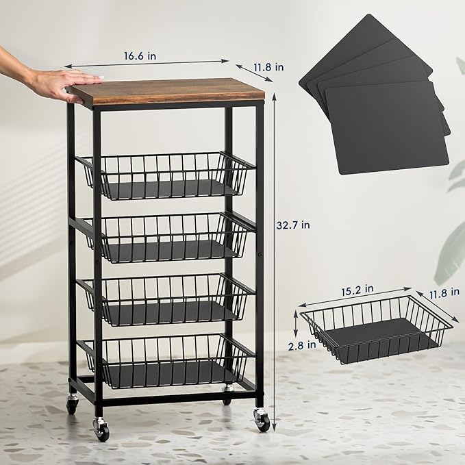 Fruit Vegetable Cart, 5-Tier Snack & Kitchen Cart on Wheels with Storage, Pull-Out Baskets & Wood Top, Rolling Organizer for Pantry, Living Room (Brown)