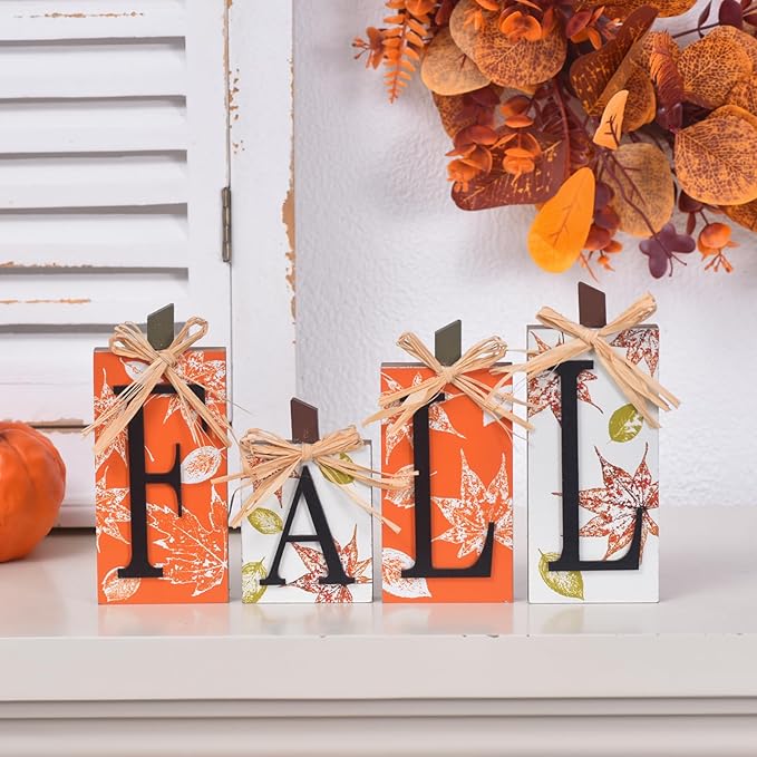 Fall Decorations for Home, 4PCS Rustic Wooden Fall Tabletop Decor Signs, Farmhouse Centerpieces for Tables, Autumn Decorations for Room Decor Thanksgiving Halloween (4pcs)